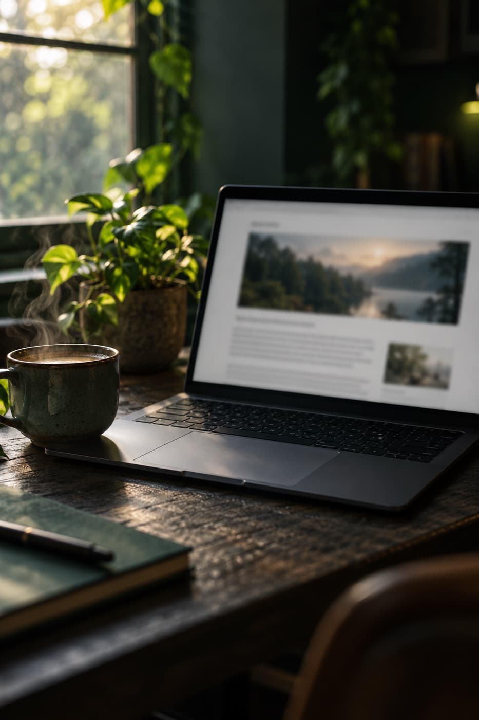 A laptop showing a blog article next to a cup of coffee