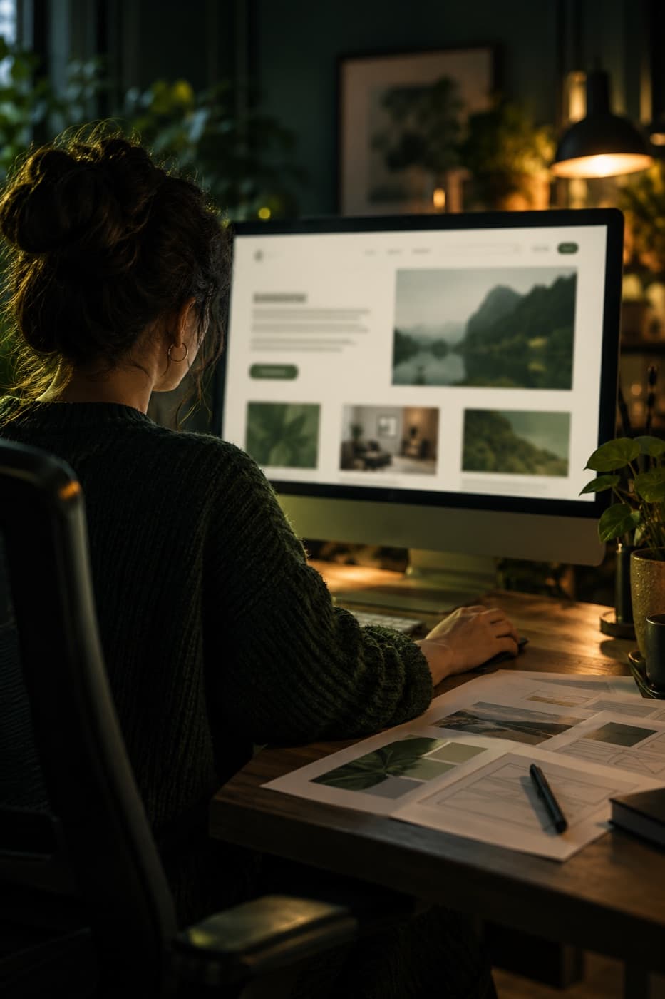 A web designer working on a website layout on a large monitor