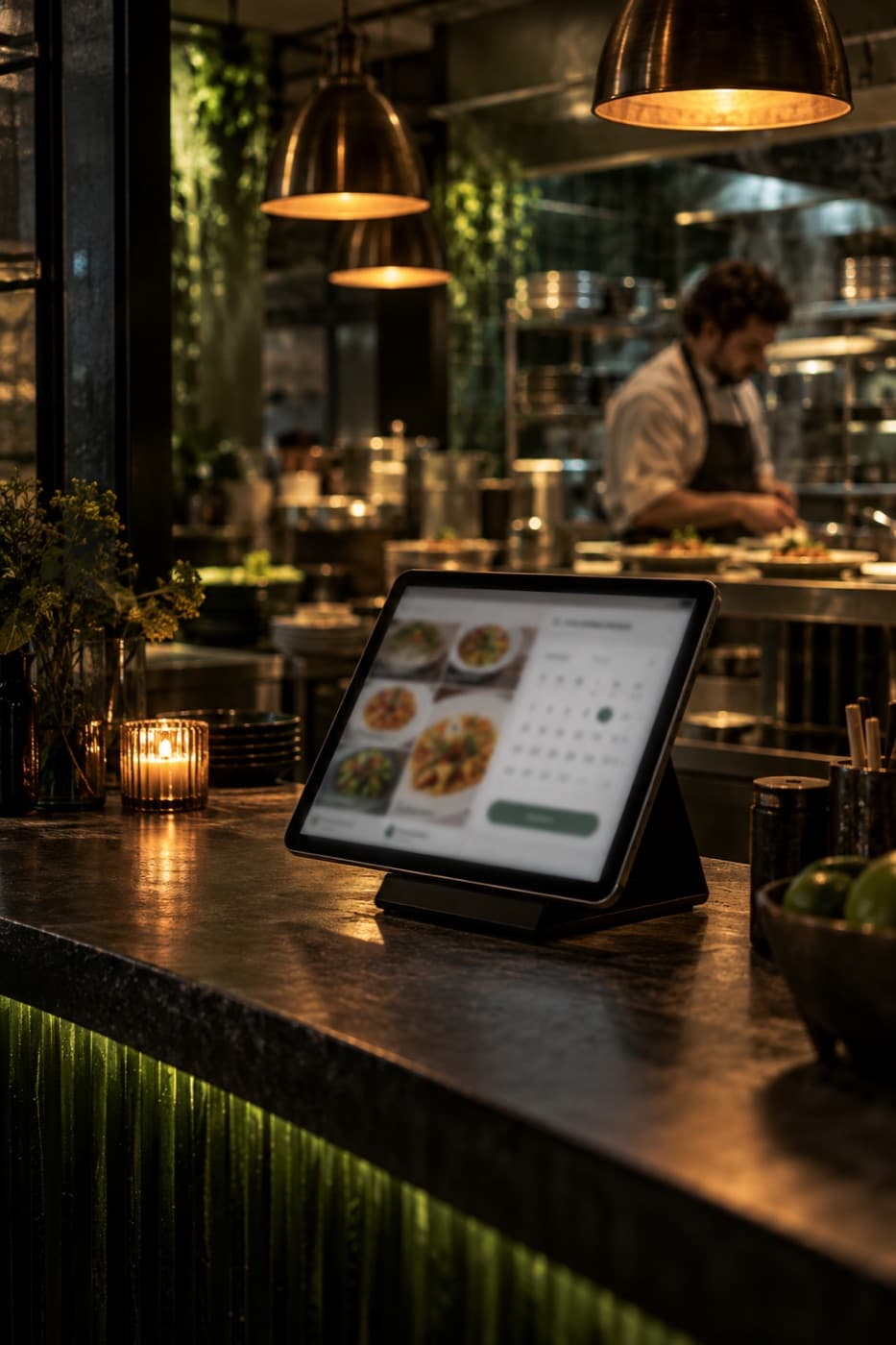 A restaurant counter with a tablet showing an online menu and bookings