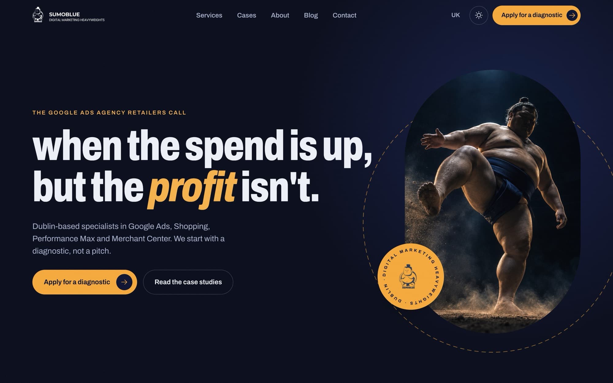 The redesigned Sumoblue homepage, with the headline 'when the spend is up, but the profit isn't'