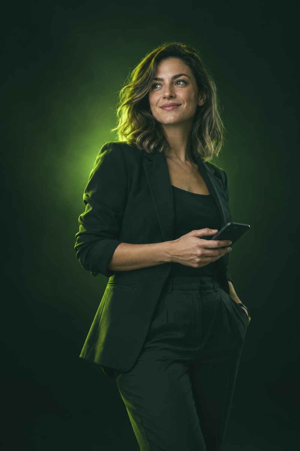 A marketing specialist smiling, lit in the Dublin Sites lime green