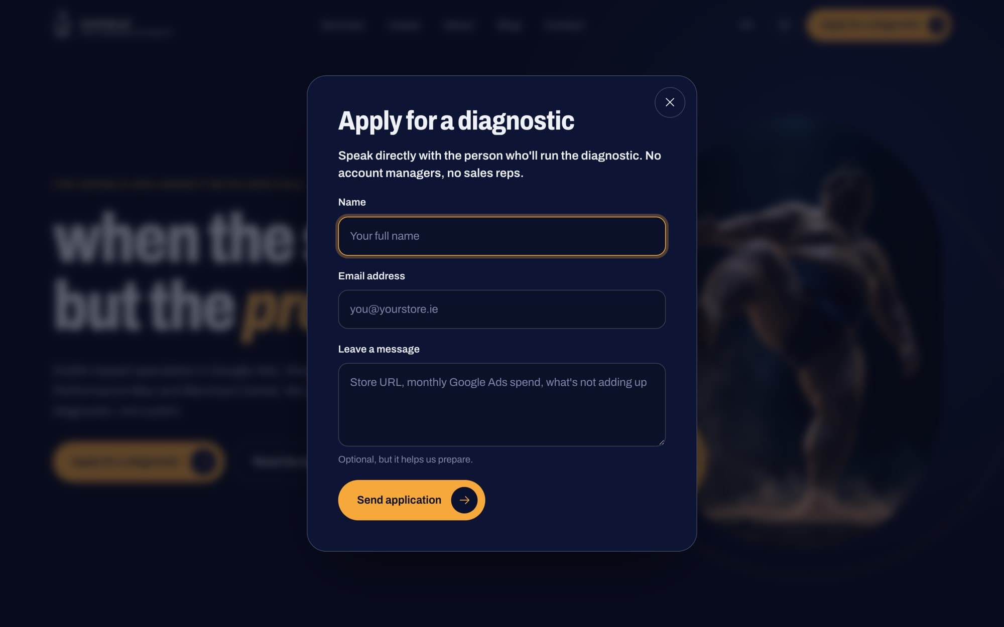 The 'Apply for a diagnostic' form open in a pop-up