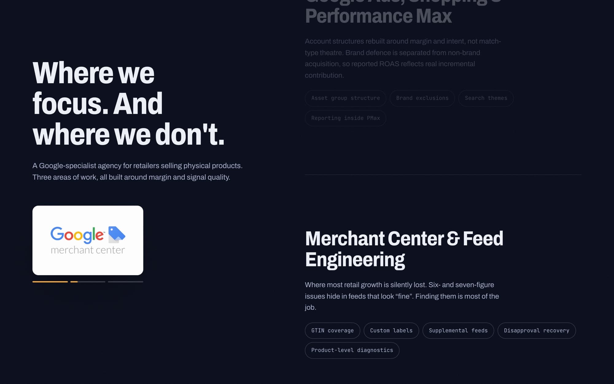 Services list with a Google Merchant Center logo and progress bars