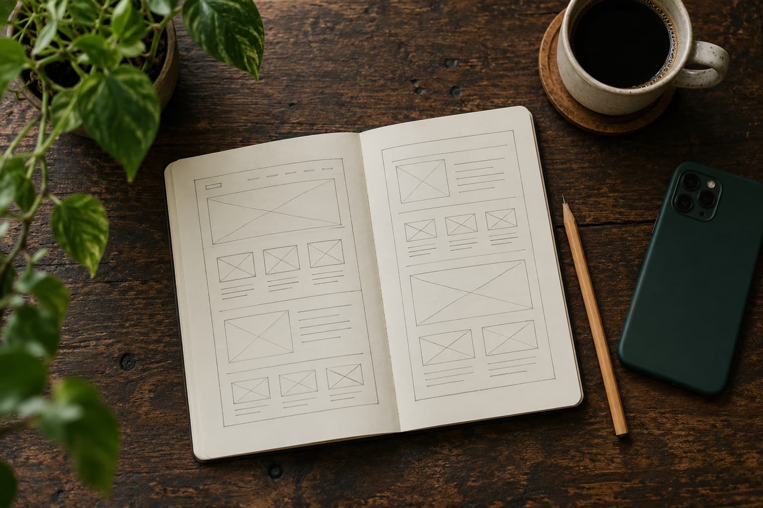 An open notebook with hand-drawn website layouts next to a coffee and a phone