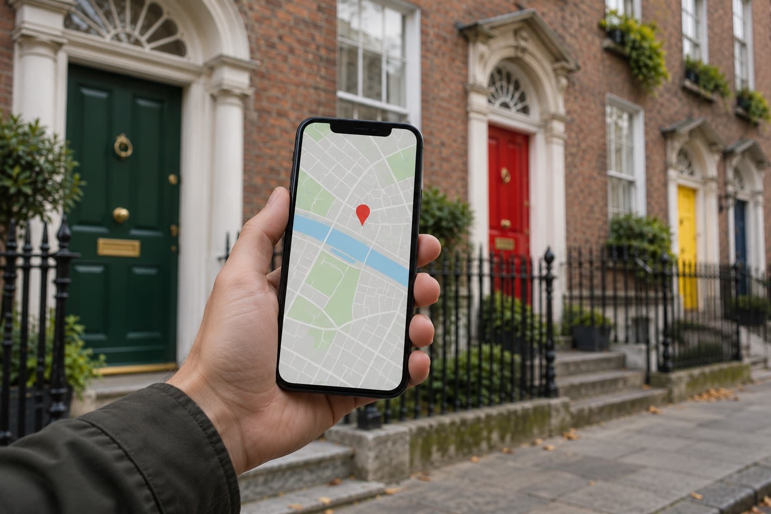 A hand holding a phone with a map pin in front of colourful Georgian doors in Dublin
